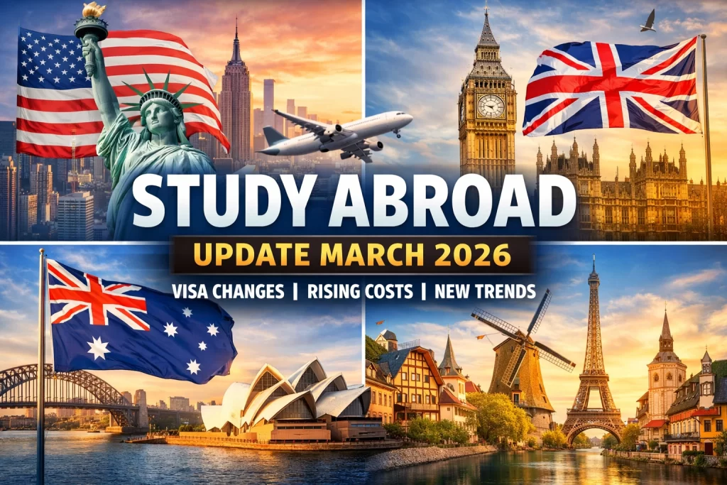Study abroad update March 2026 showing USA, UK, Australia and Europe with visa changes, rising costs and global student trends