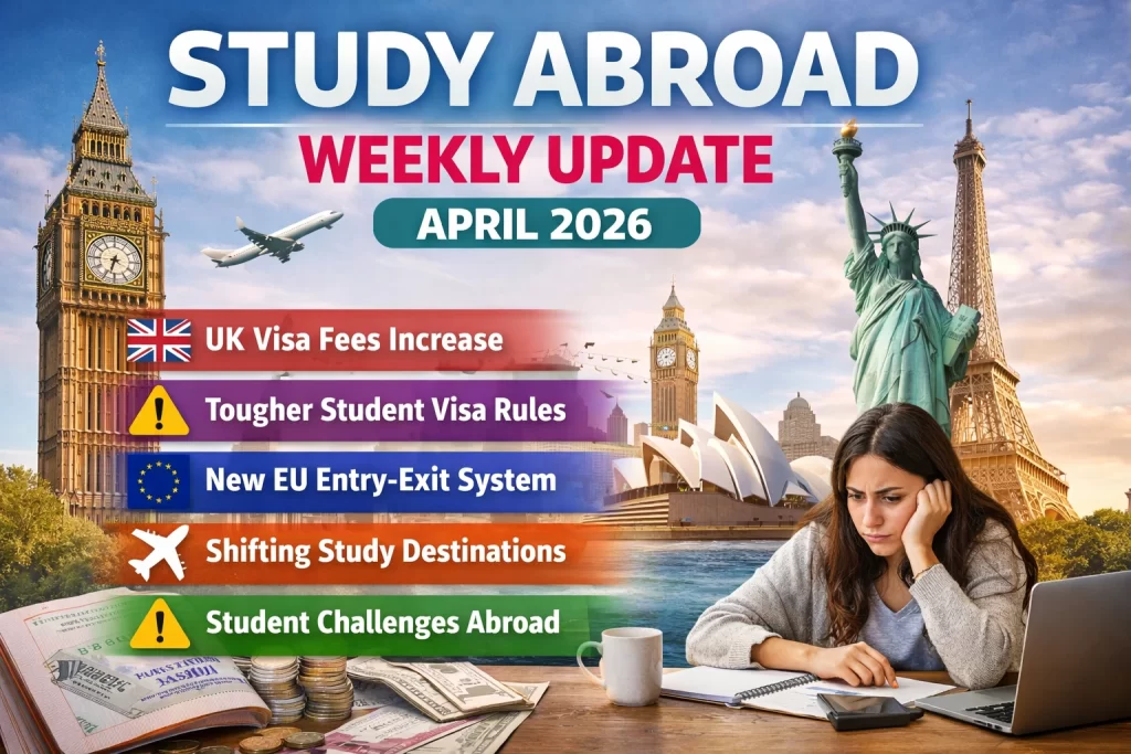 Study Abroad News April 2026 showing UK visa changes, EU entry system and global student trends