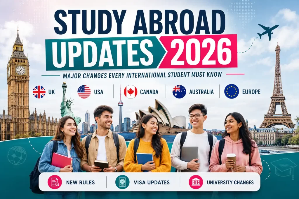 Study Abroad Updates 2026 showing UK, USA, Canada, Australia and Europe flags with international students