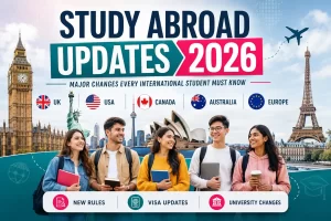 Study Abroad Updates 2026 showing UK, USA, Canada, Australia and Europe flags with international students